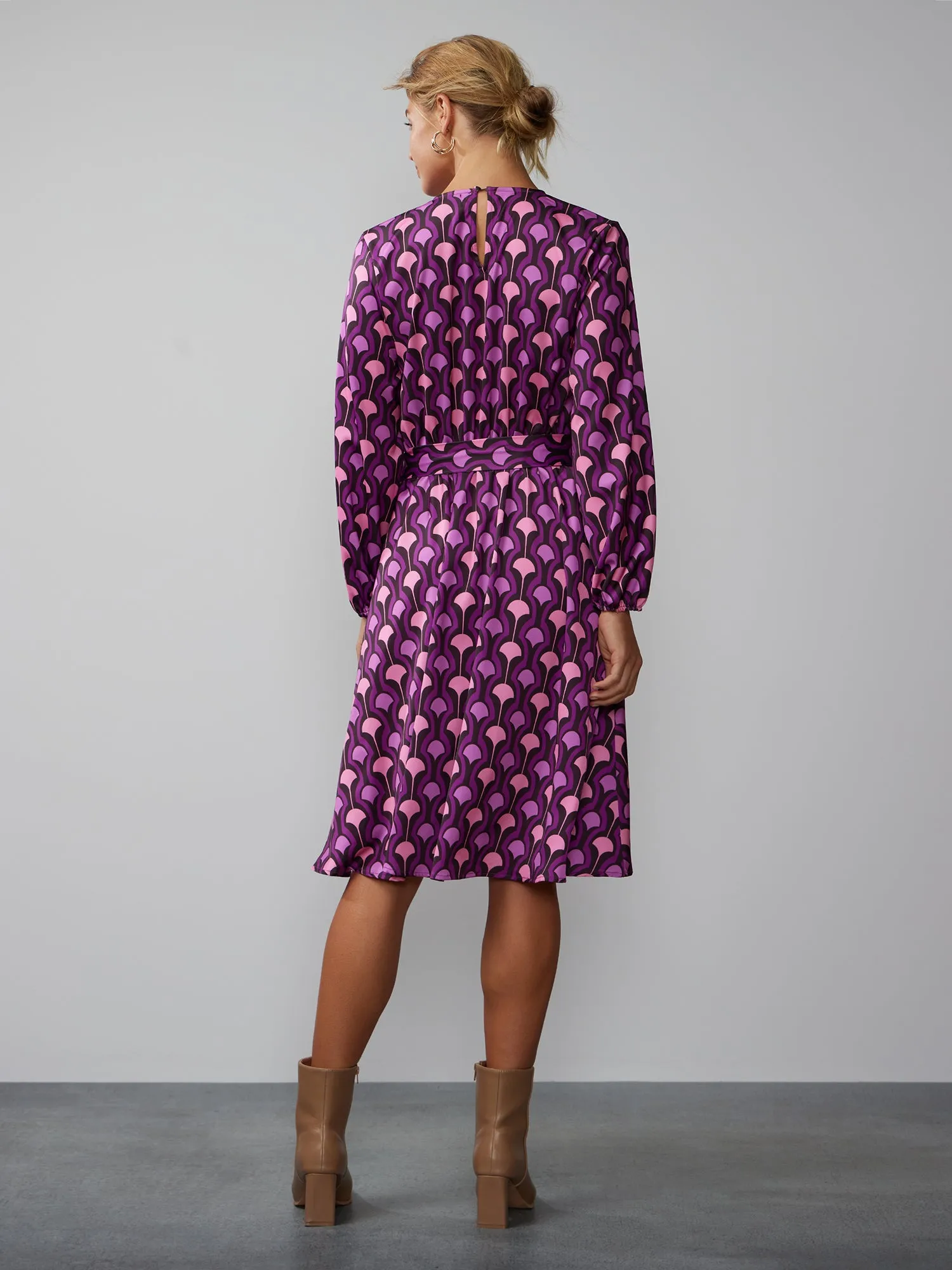 Long Sleeve Wrap Neck Geometric Print Dress