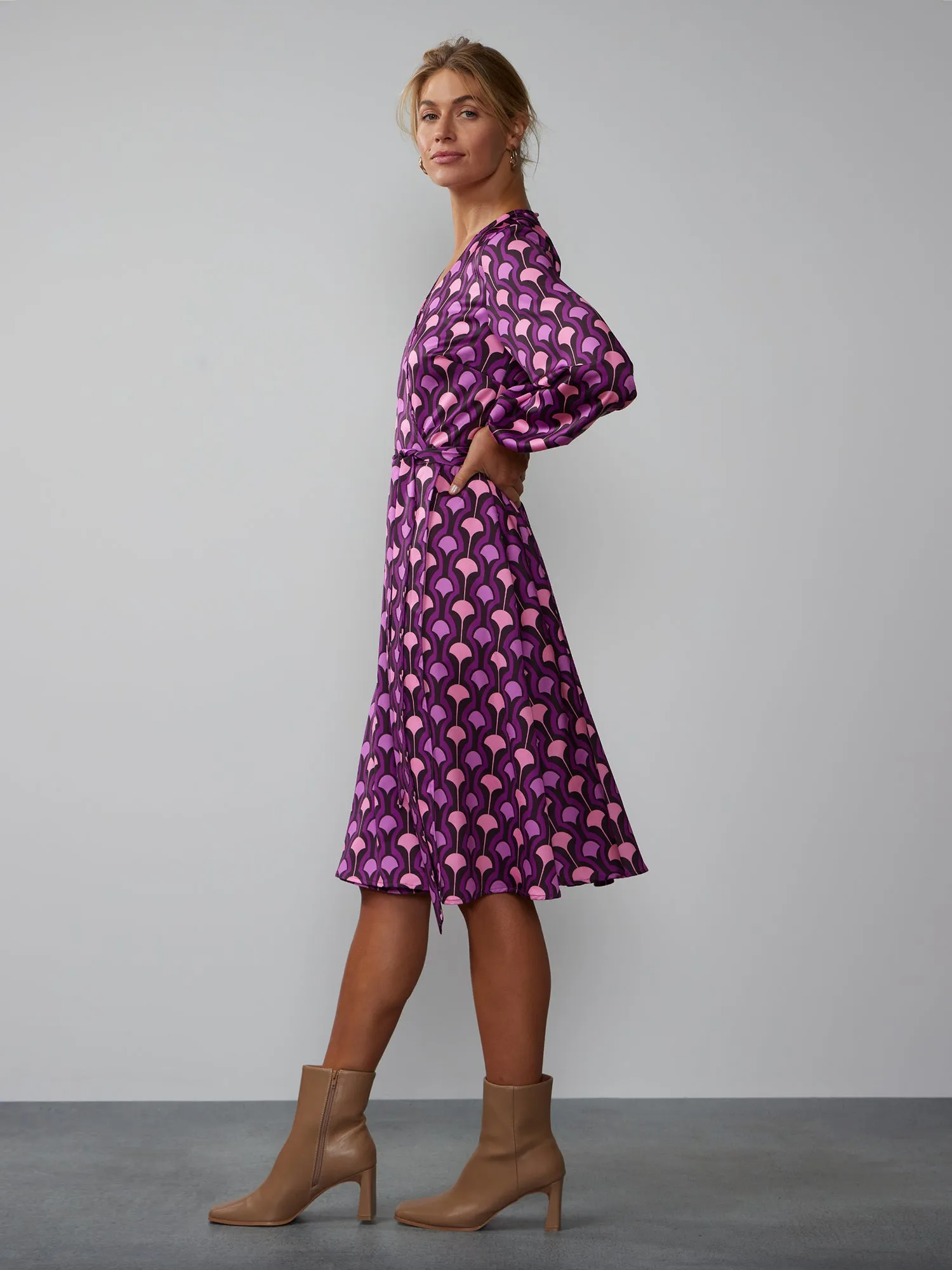 Long Sleeve Wrap Neck Geometric Print Dress