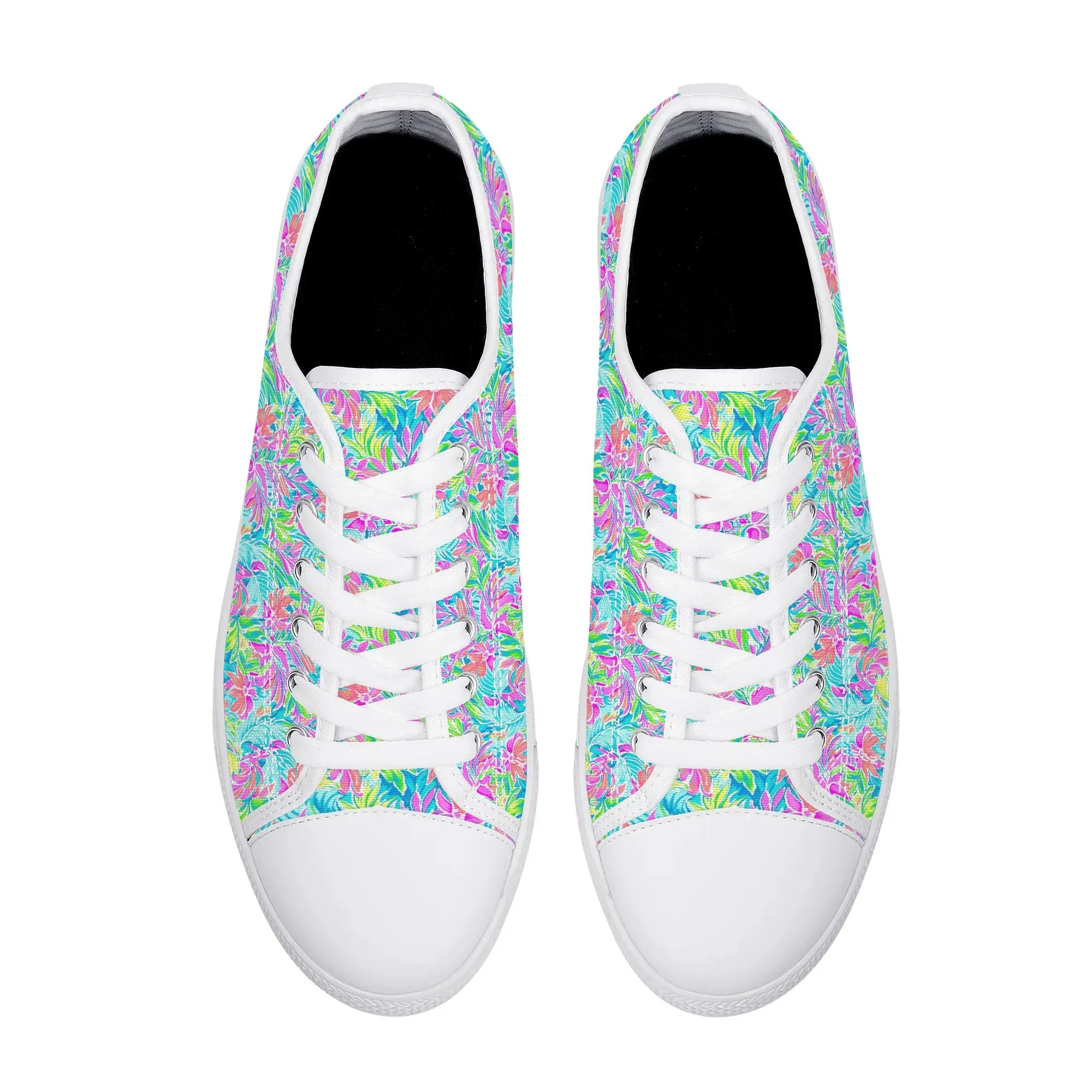 Neon Tropics: Vibrant Rainbow Flowers and Palm Leaves in Electric Splendor Womens Low Top Canvas Sneakers US5.5 - US12