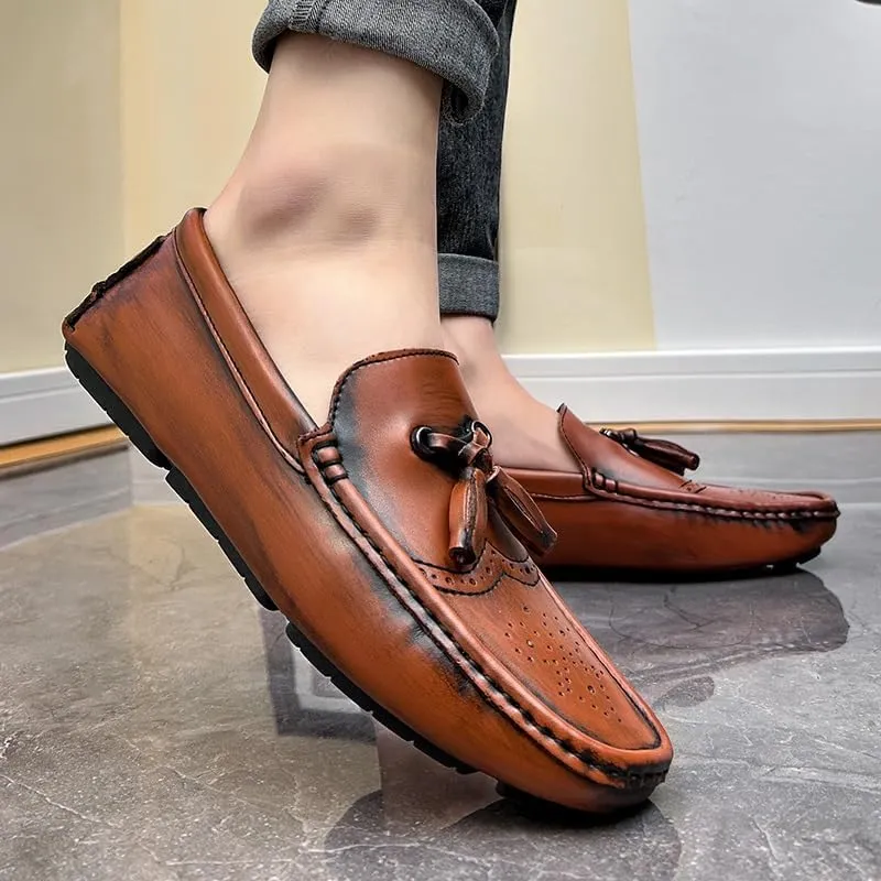 New Loafers for Men Round Toe Vegan Leather Brogue Embossed with Tassel Driving Loafers Anti-Slip Flexible Flat Heel Party Classic Slip On