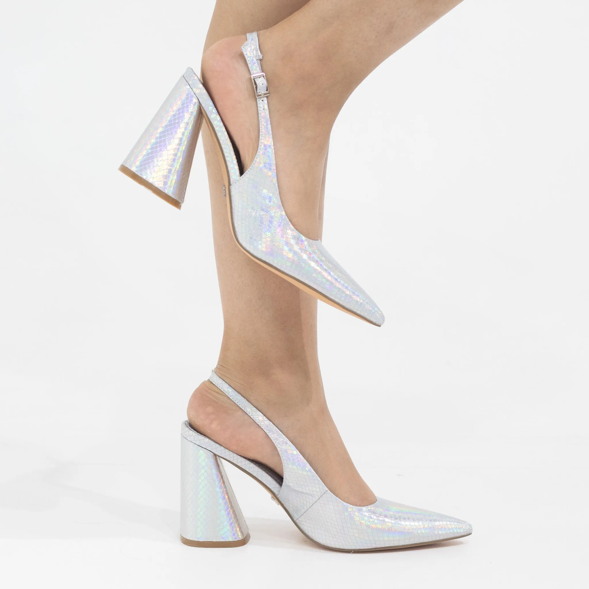 Prisha pointy sling back on a 9cm block heel silver