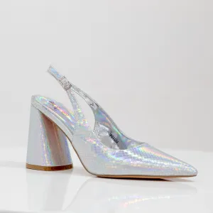 Prisha pointy sling back on a 9cm block heel silver
