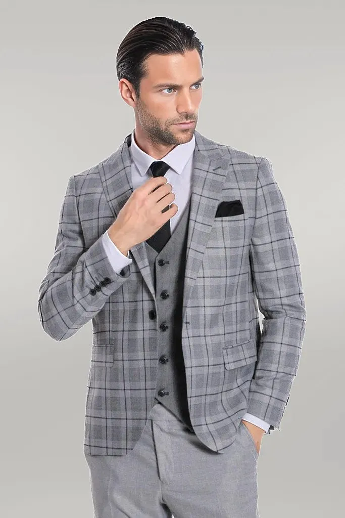 Slim Fit Checked Grey Men Suit - Wessi
