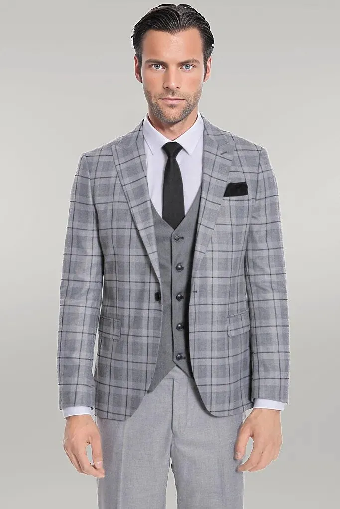 Slim Fit Checked Grey Men Suit - Wessi