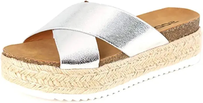 Soda Coky Silver Ankle Strap Rounded Toe Rubber Sole Embellished Flatform Sandal
