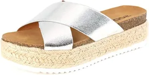 Soda Coky Silver Ankle Strap Rounded Toe Rubber Sole Embellished Flatform Sandal