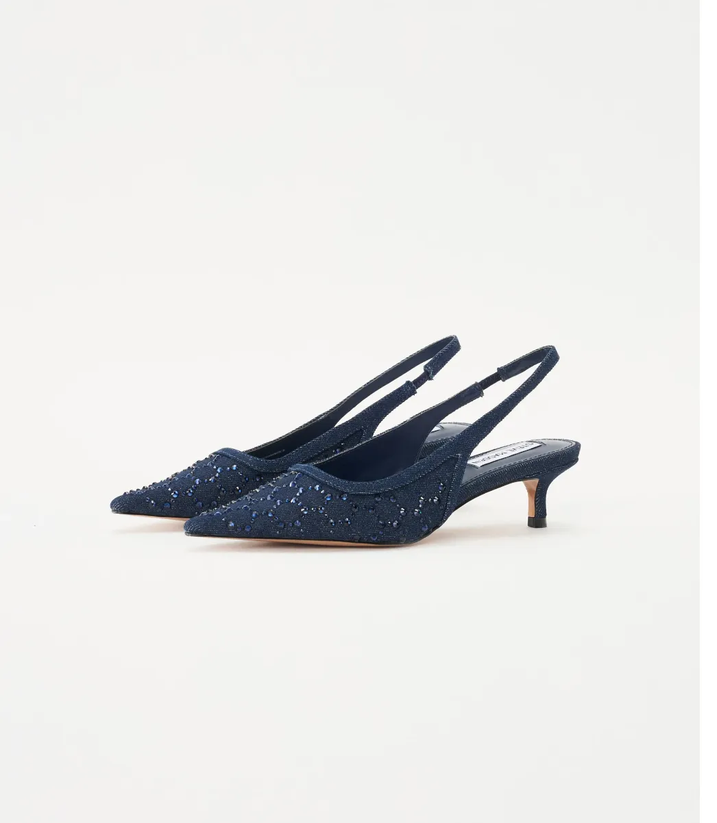 Steve Madden Kari spiss pumps i bl jeans med bl strasstener med slingback og liten hel
