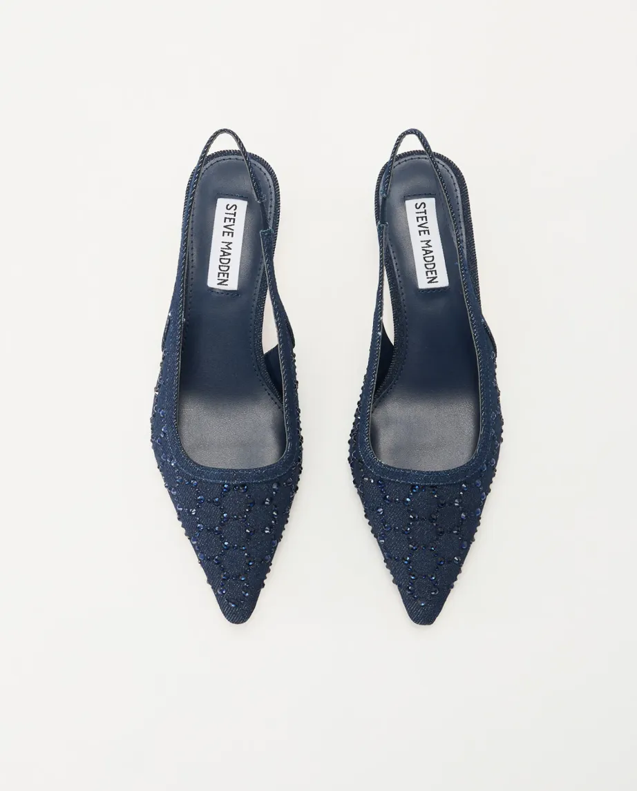 Steve Madden Kari spiss pumps i bl jeans med bl strasstener med slingback og liten hel