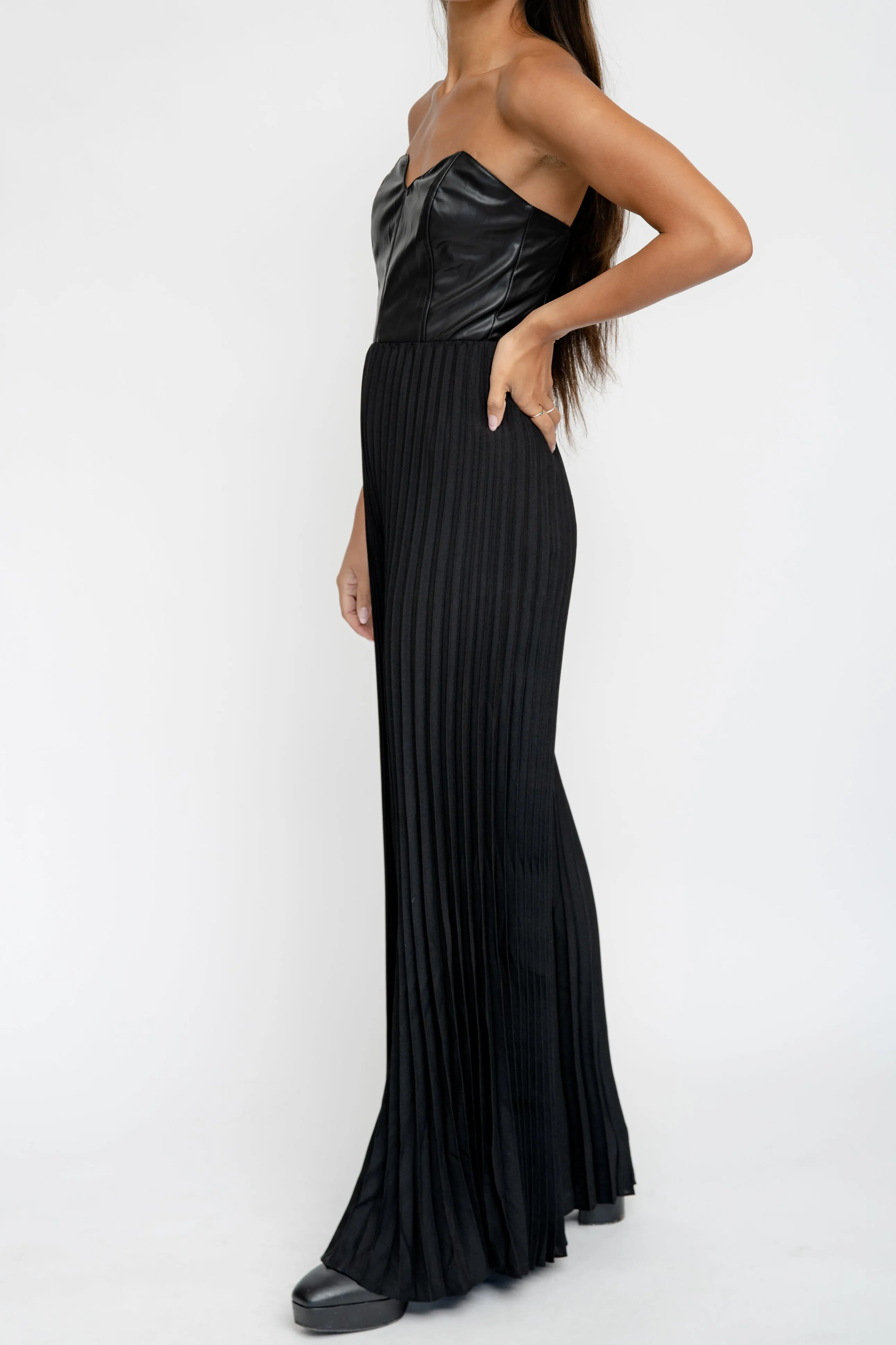 STRAPLESS FAUX LEATHER PLEATED JUMPSUIT