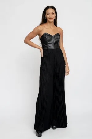 STRAPLESS FAUX LEATHER PLEATED JUMPSUIT