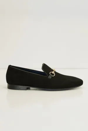 Suede Leather And Gold Metal Bit Loafer - Black