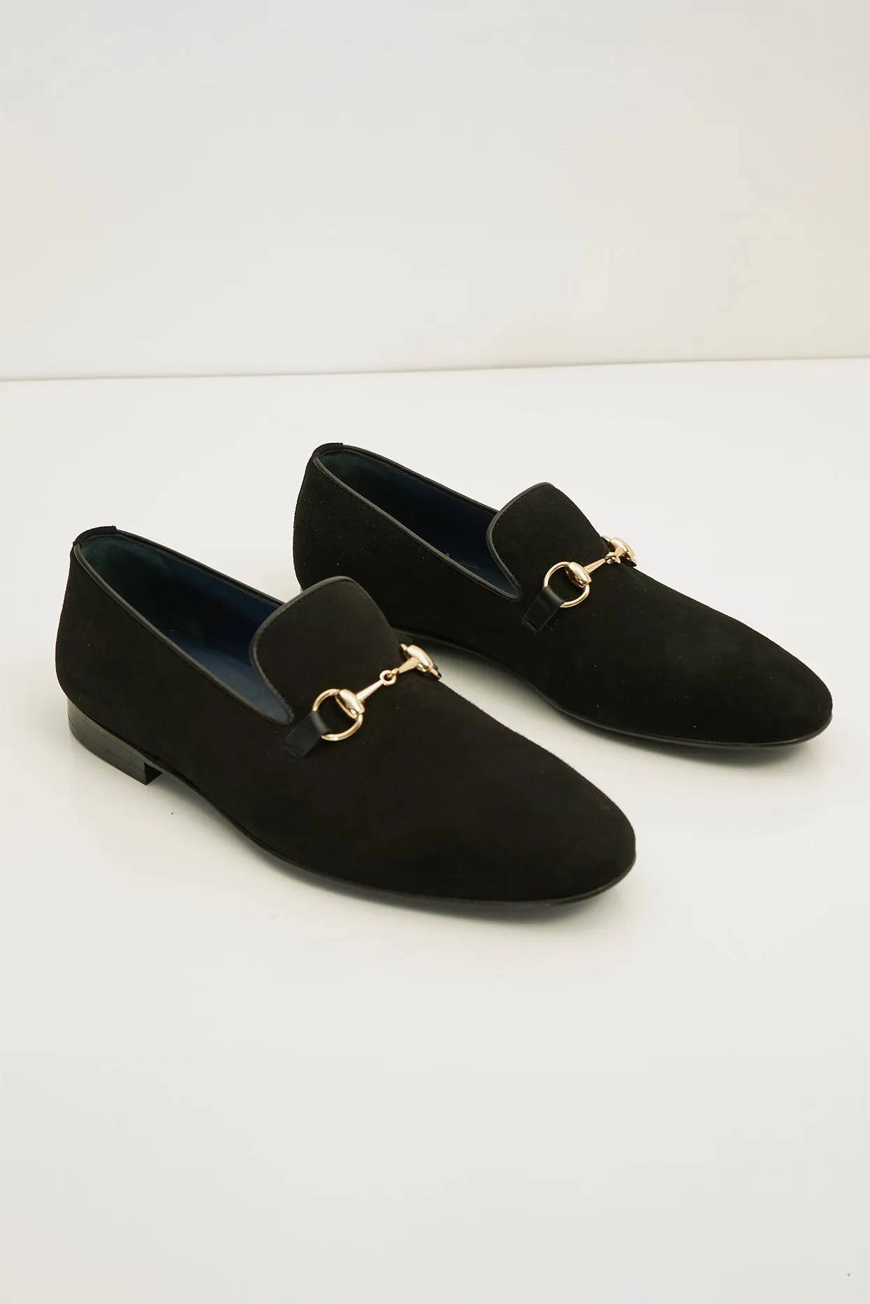 Suede Leather And Gold Metal Bit Loafer - Black