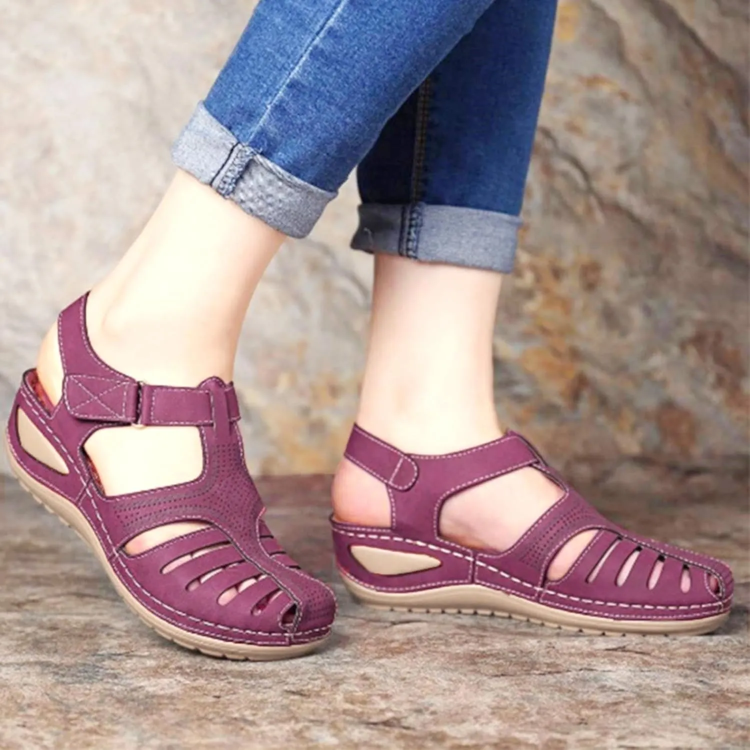 Summer Womens Sandals Casual Bohemia Gladiator Closed Toe Wedge Shoes Comfort Ankle Strap Slip On Orthopedic Platform Sandals