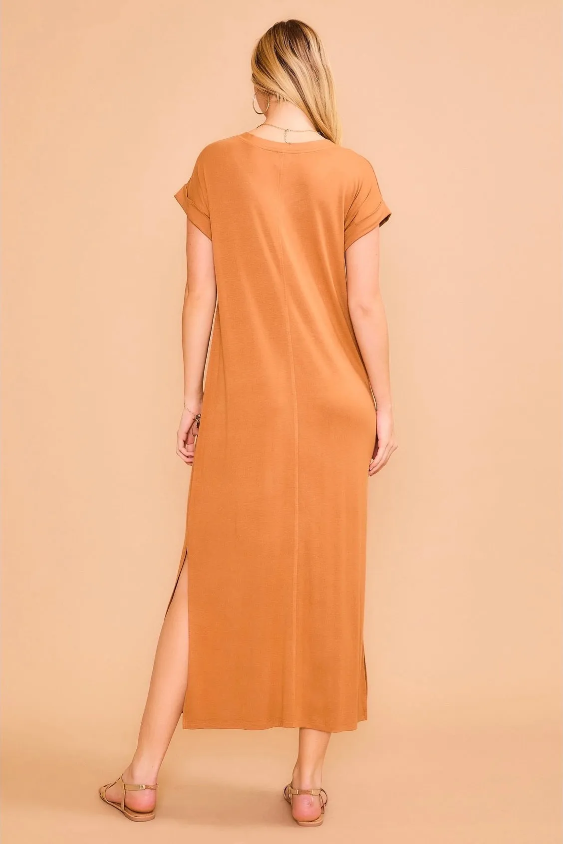 V Neck Short Sleeve Maxi Dress Camel