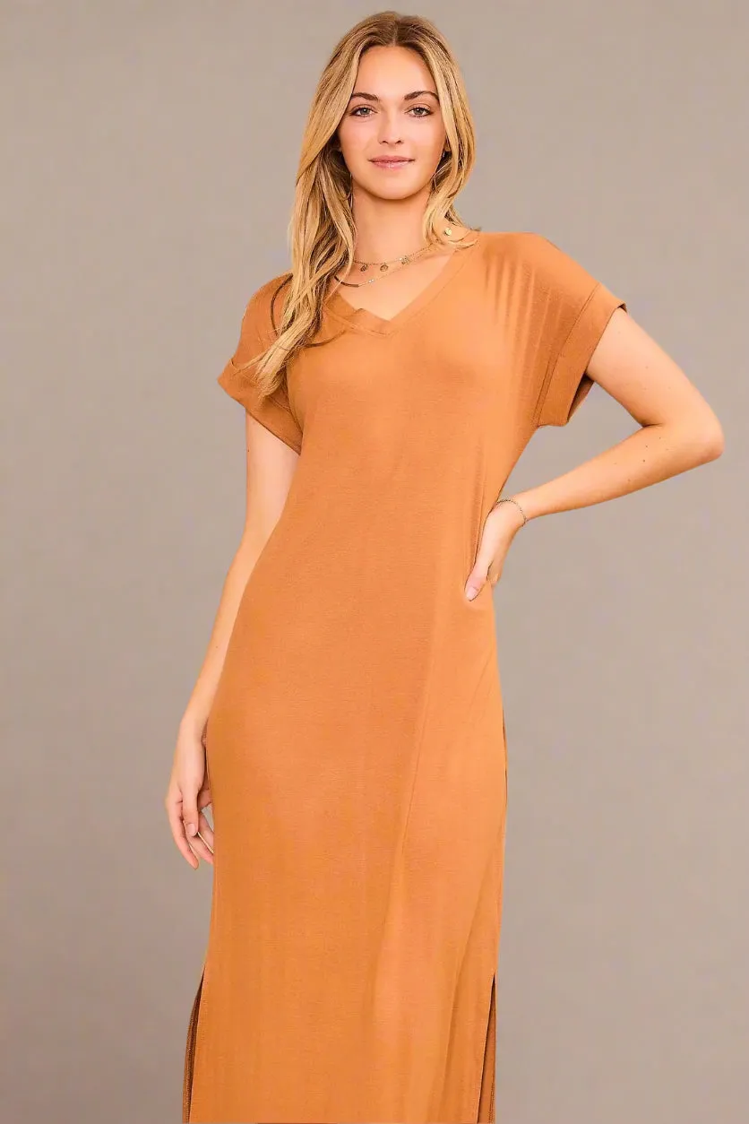 V Neck Short Sleeve Maxi Dress Camel