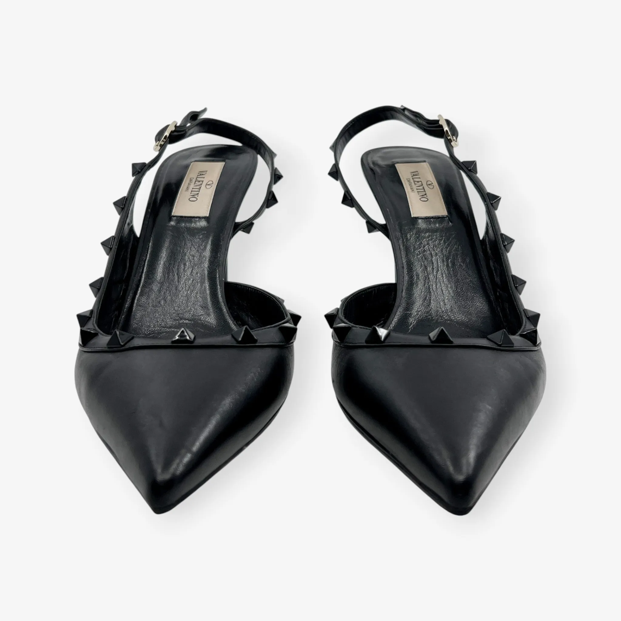 Valentino Garavani Black Leather Rockstud Slingback Heeled Shoes AU10 ~ EU41