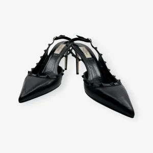 Valentino Garavani Black Leather Rockstud Slingback Heeled Shoes AU10 ~ EU41