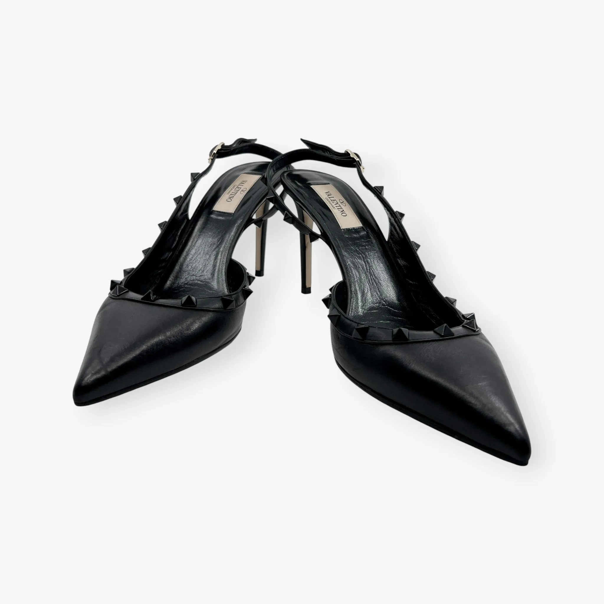 Valentino Garavani Black Leather Rockstud Slingback Heeled Shoes AU10 ~ EU41