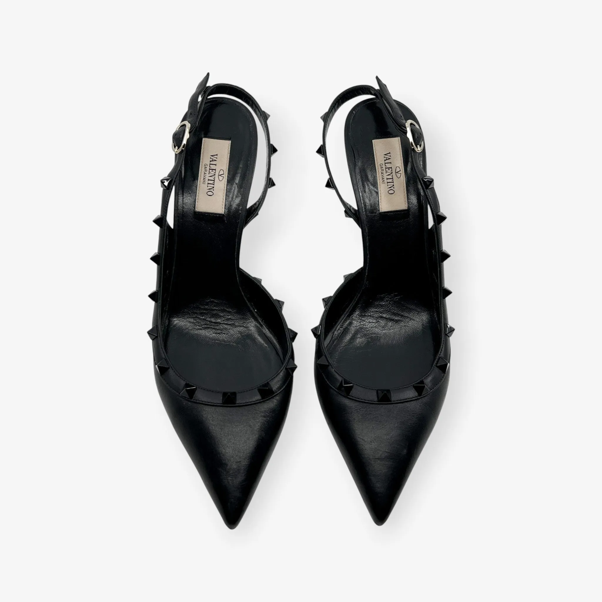 Valentino Garavani Black Leather Rockstud Slingback Heeled Shoes AU10 ~ EU41