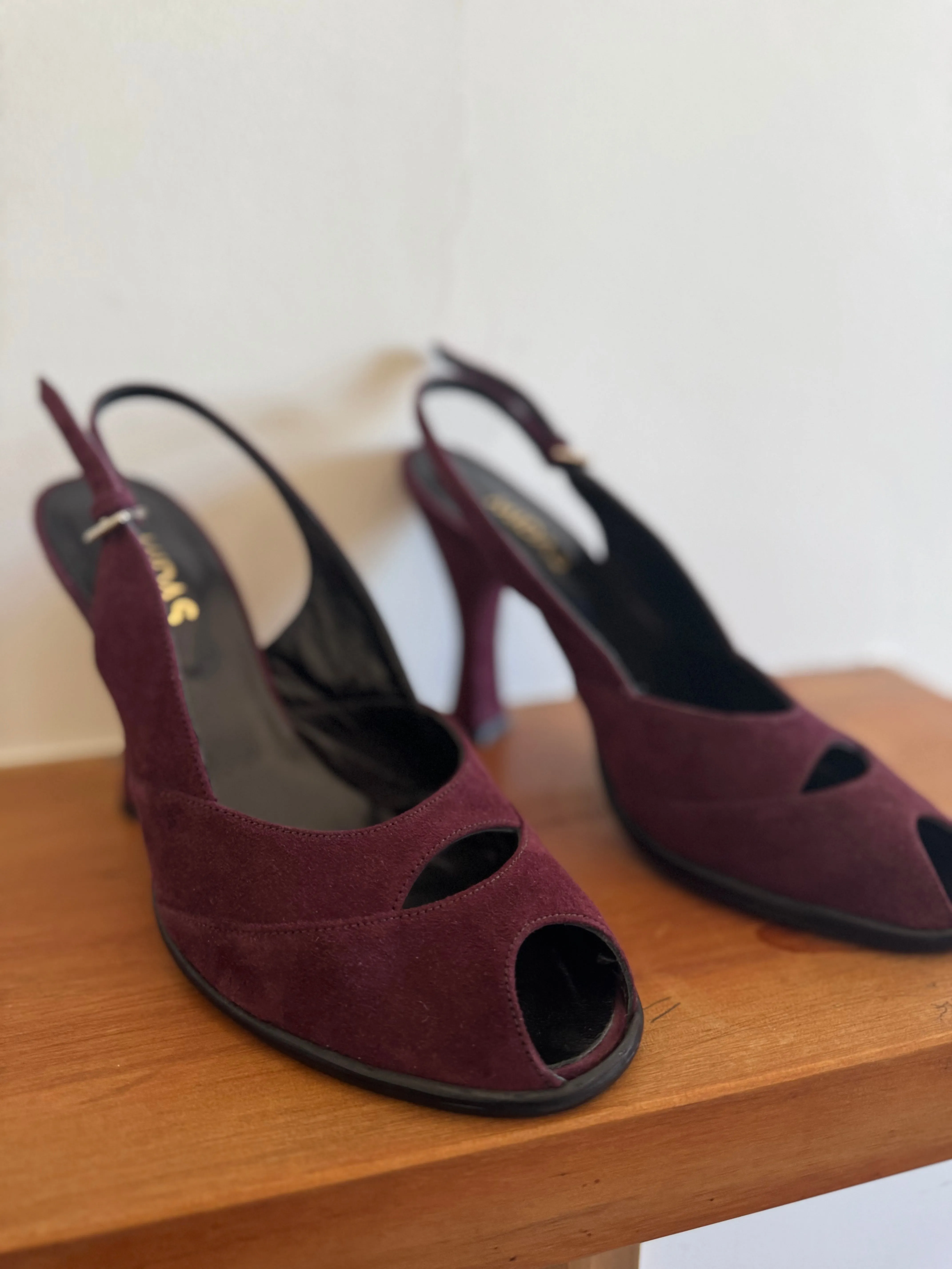Vintage MIDAS Plum Suede Peep Toe Sling Back Heels 90s - Size 40 (8.5/9)