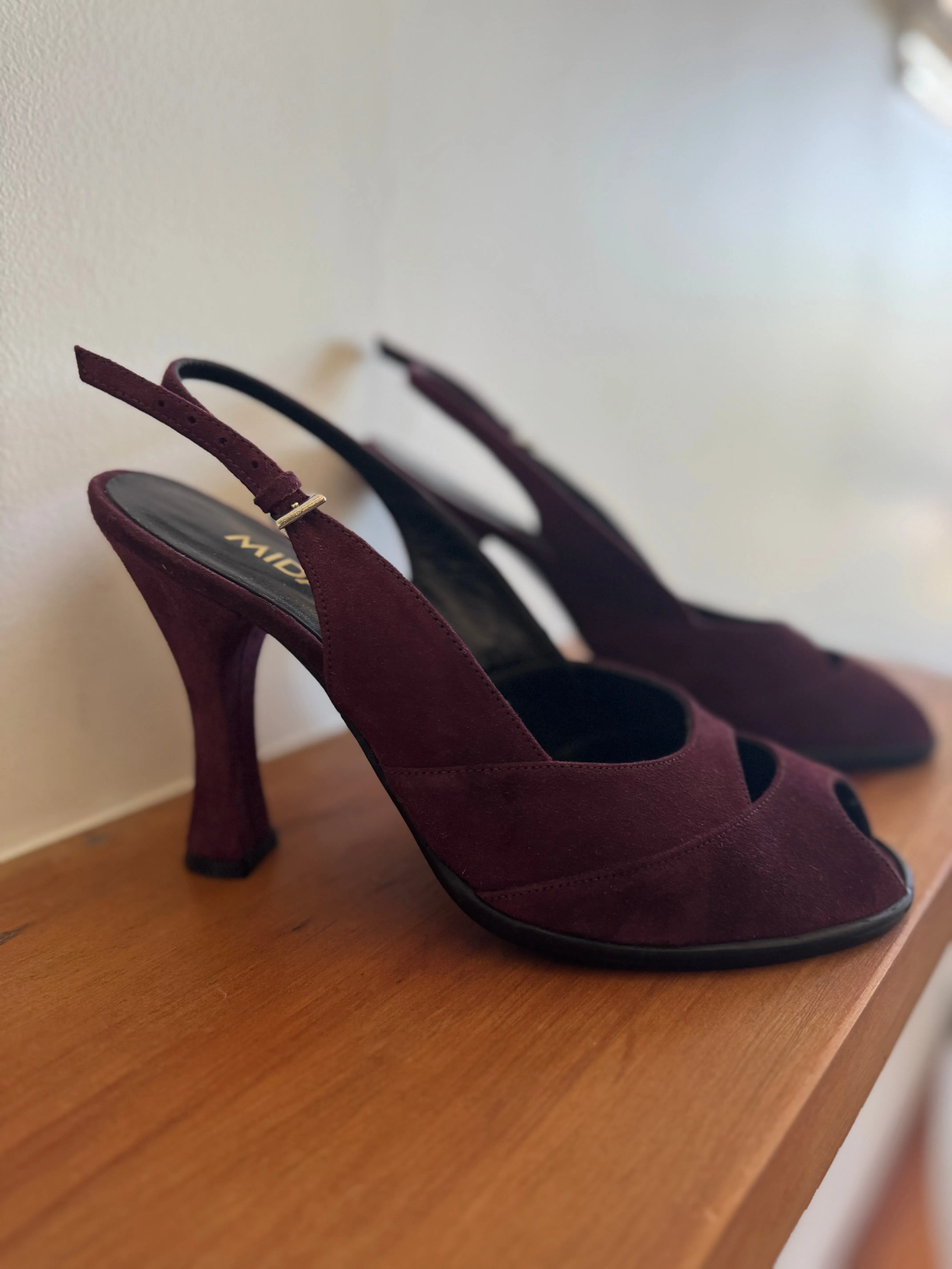 Vintage MIDAS Plum Suede Peep Toe Sling Back Heels 90s - Size 40 (8.5/9)