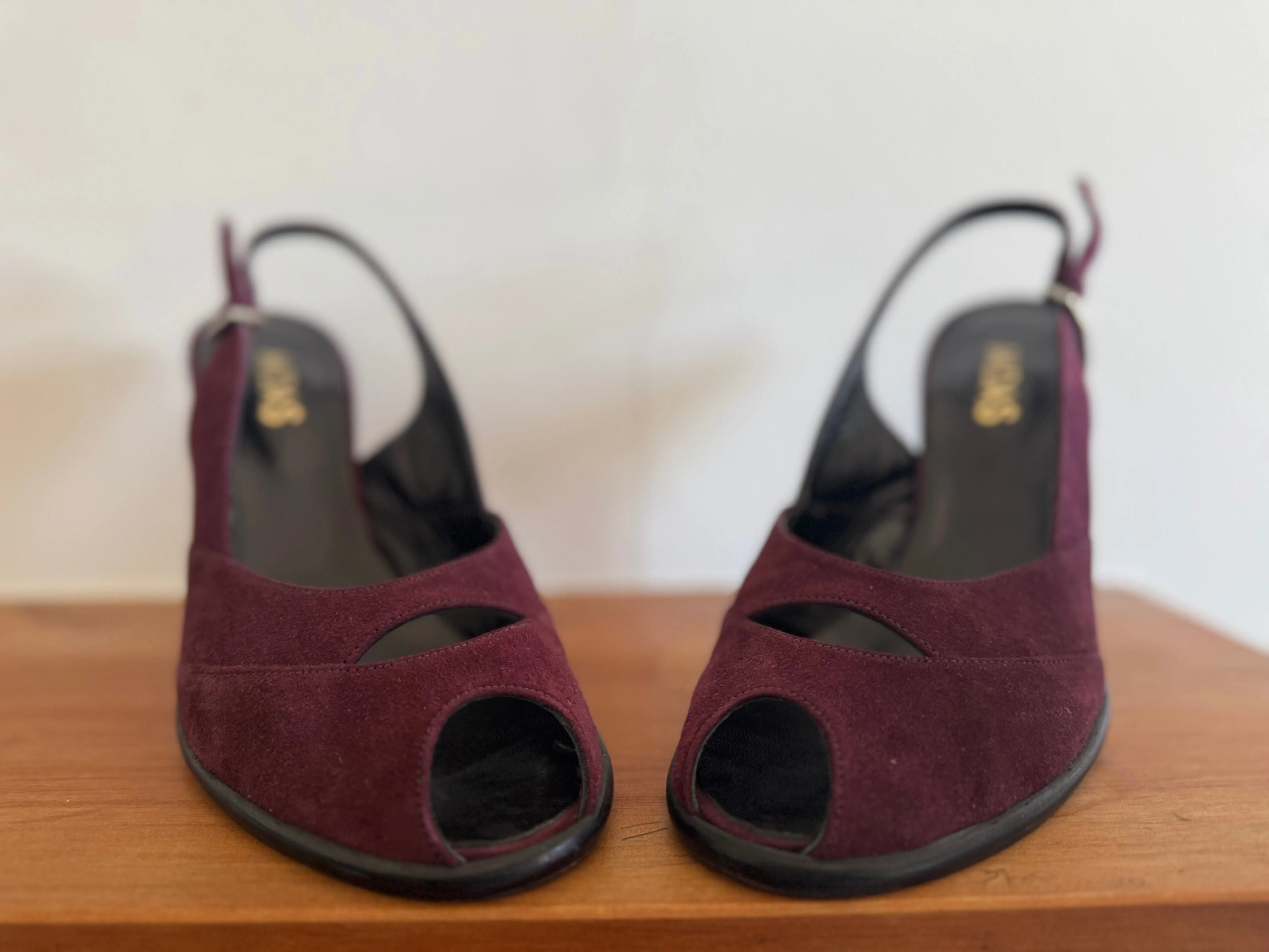 Vintage MIDAS Plum Suede Peep Toe Sling Back Heels 90s - Size 40 (8.5/9)