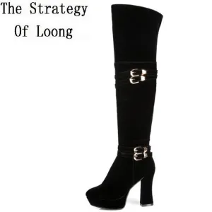 Women Autumn Winter Thick High Heel  Buckle Round Toe Side Zipper  Over The Knee Boots