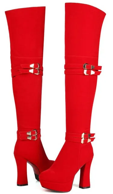 Women Autumn Winter Thick High Heel  Buckle Round Toe Side Zipper  Over The Knee Boots