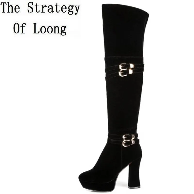 Women Autumn Winter Thick High Heel  Buckle Round Toe Side Zipper  Over The Knee Boots
