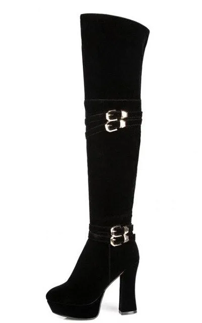 Women Autumn Winter Thick High Heel  Buckle Round Toe Side Zipper  Over The Knee Boots