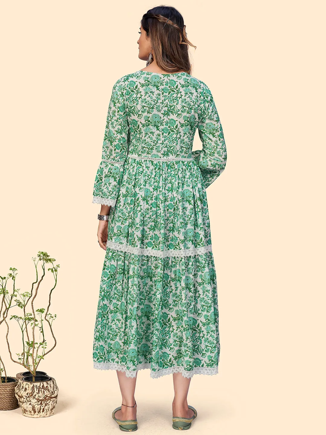 Women'S Floral Print Flared Cotton Green Stitched Kurta