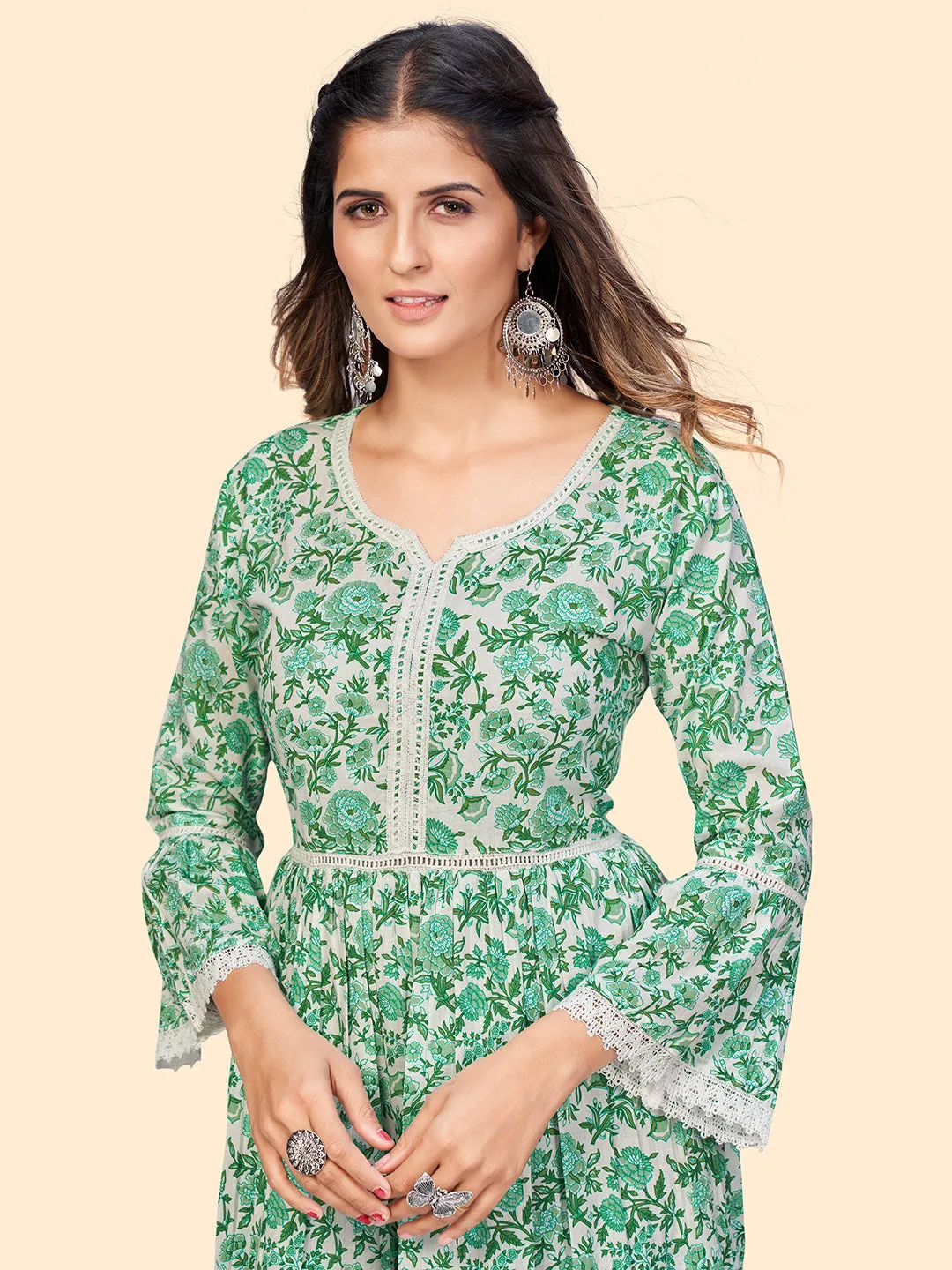 Women'S Floral Print Flared Cotton Green Stitched Kurta
