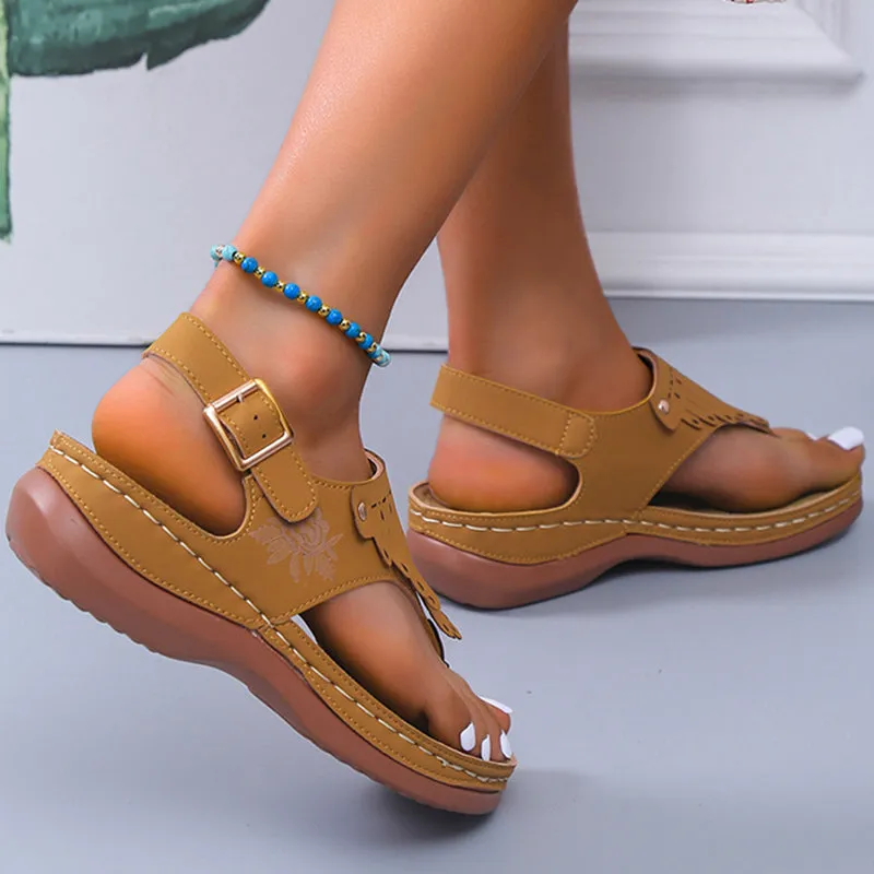 Women's Roman Thong Sandals with Fringe and Ankle Strap