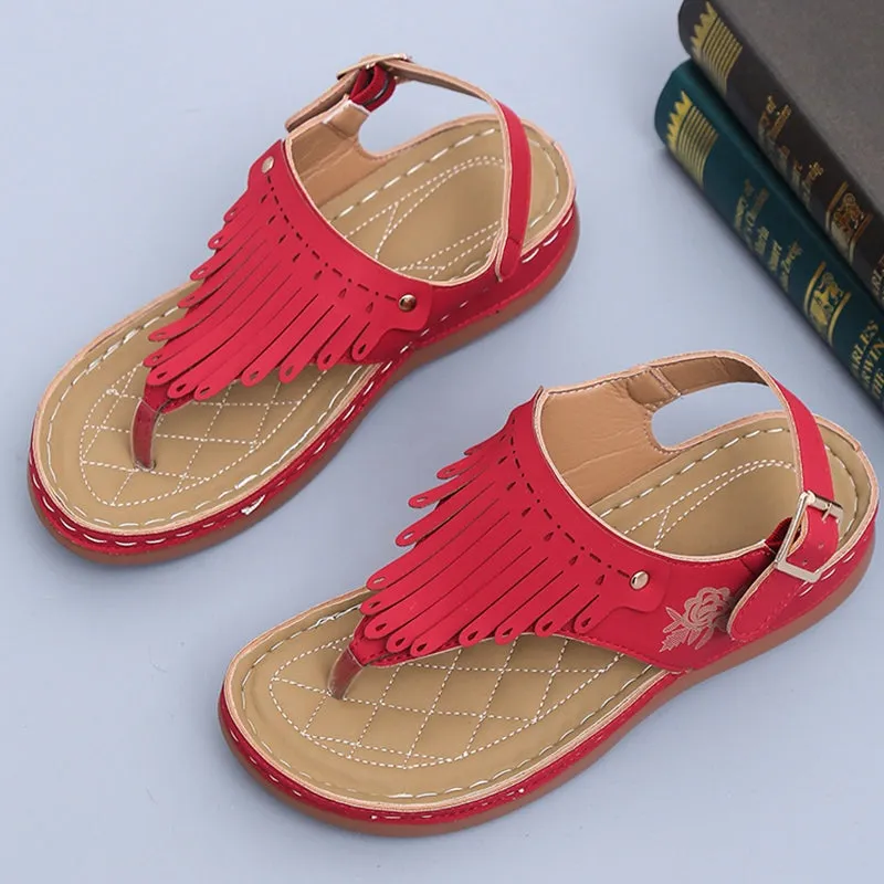 Women's Roman Thong Sandals with Fringe and Ankle Strap