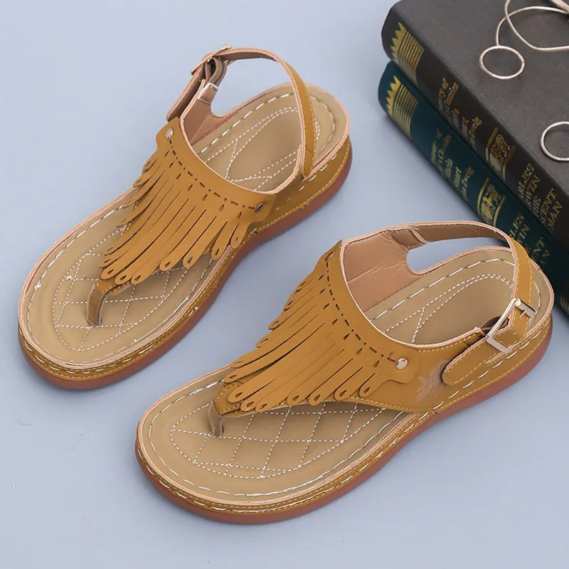 Women's Roman Thong Sandals with Fringe and Ankle Strap