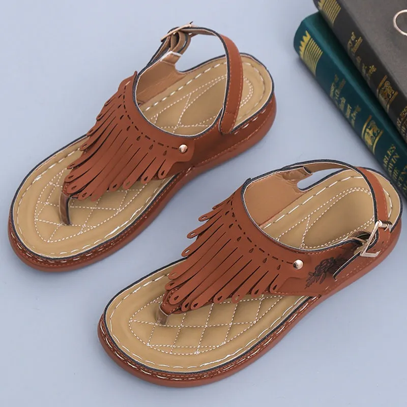 Women's Roman Thong Sandals with Fringe and Ankle Strap