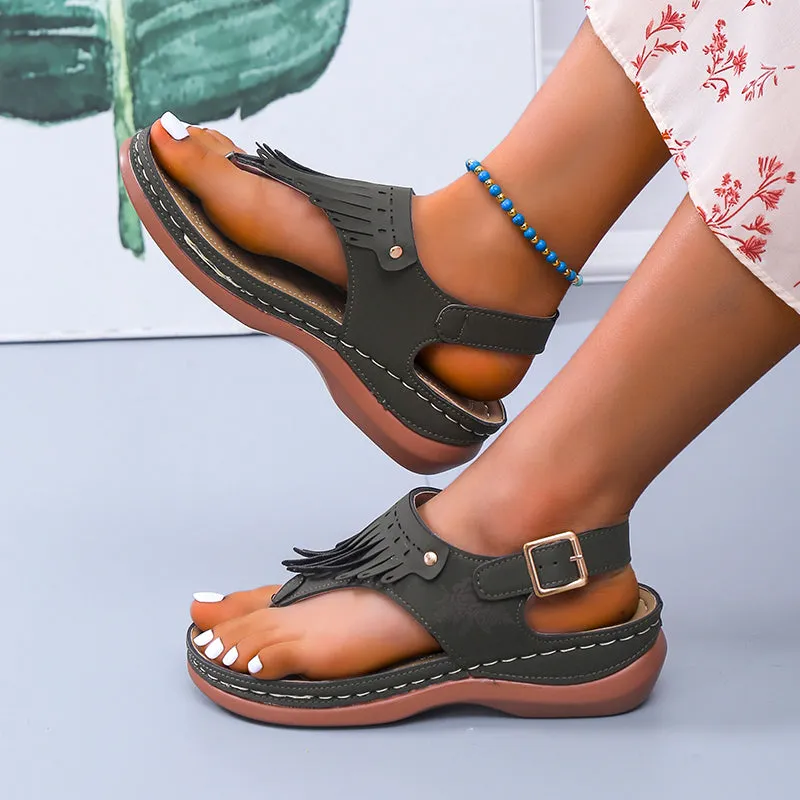 Women's Roman Thong Sandals with Fringe and Ankle Strap