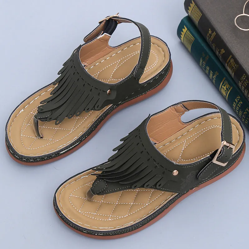 Women's Roman Thong Sandals with Fringe and Ankle Strap