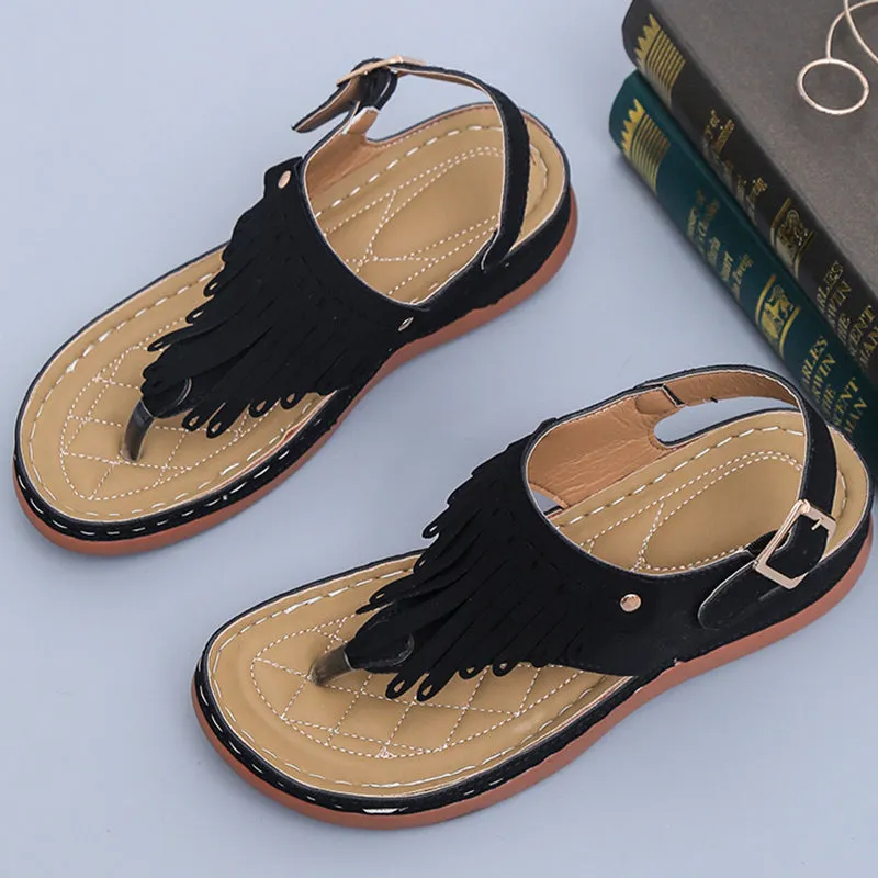 Women's Roman Thong Sandals with Fringe and Ankle Strap