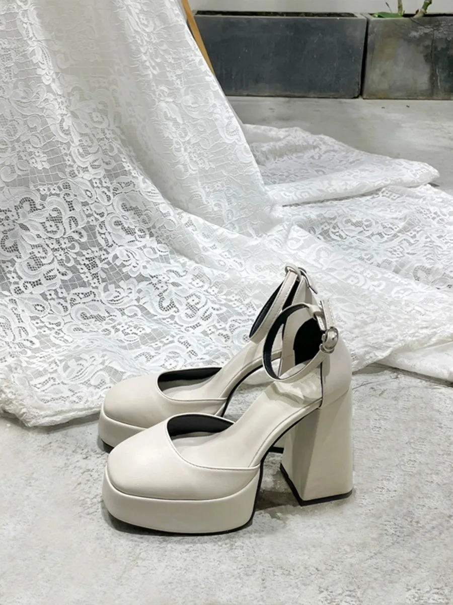 Women's Solid Color Platform Block High Heels Ankle Strap Slingback Pumps