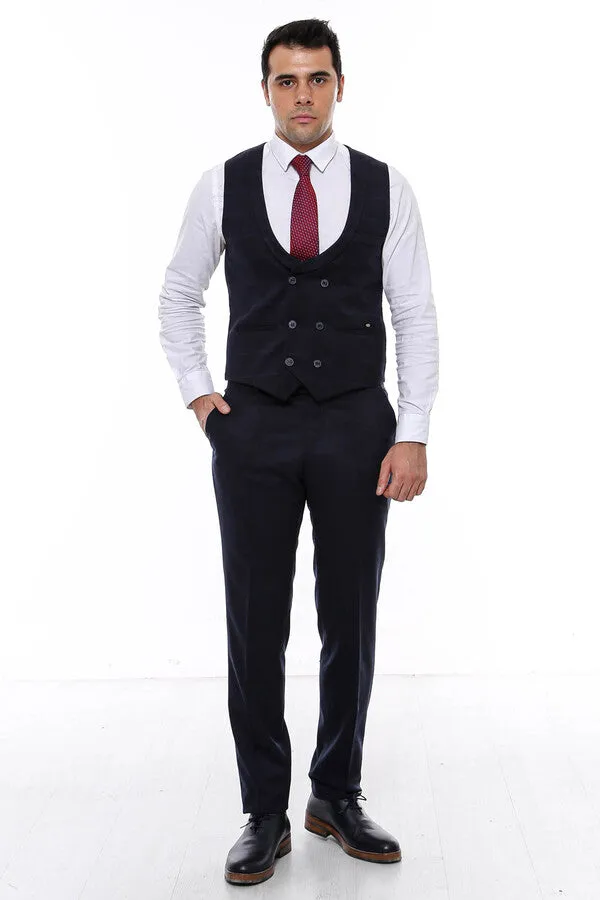 WSS Plaid Collared Double Breasted Navy Blue Men Vest  - Singen