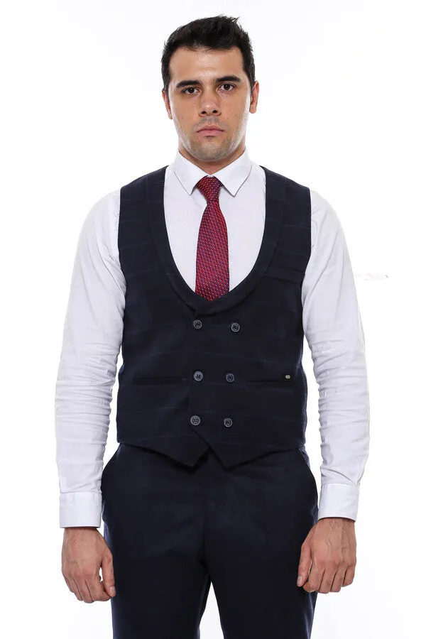 WSS Plaid Collared Double Breasted Navy Blue Men Vest  - Singen