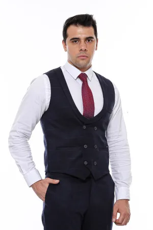 WSS Plaid Collared Double Breasted Navy Blue Men Vest  - Singen