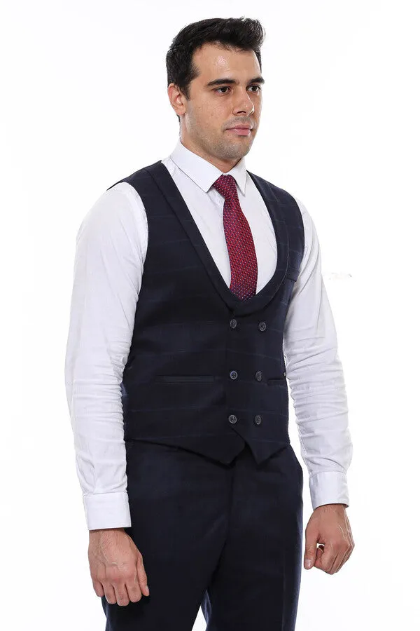 WSS Plaid Collared Double Breasted Navy Blue Men Vest  - Singen