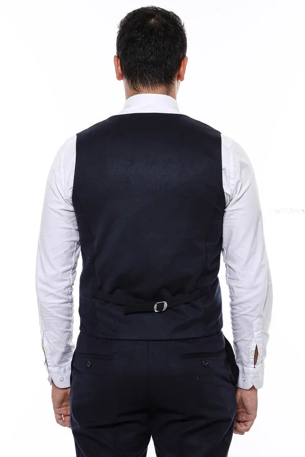 WSS Plaid Collared Double Breasted Navy Blue Men Vest  - Singen