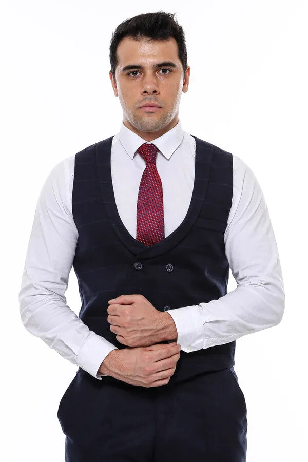 WSS Plaid Collared Double Breasted Navy Blue Men Vest  - Singen