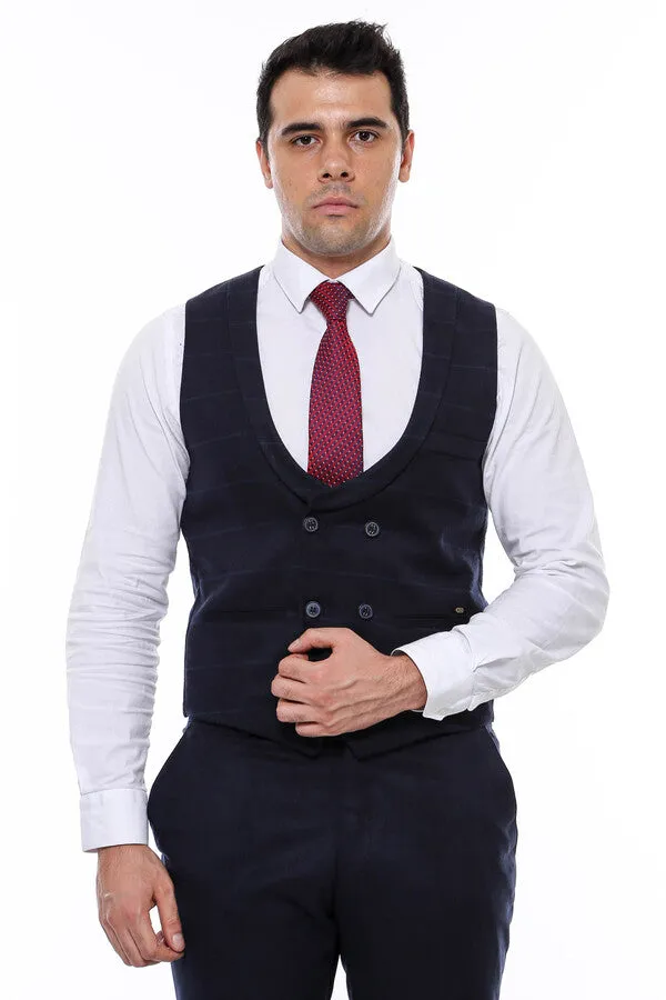 WSS Plaid Collared Double Breasted Navy Blue Men Vest  - Singen
