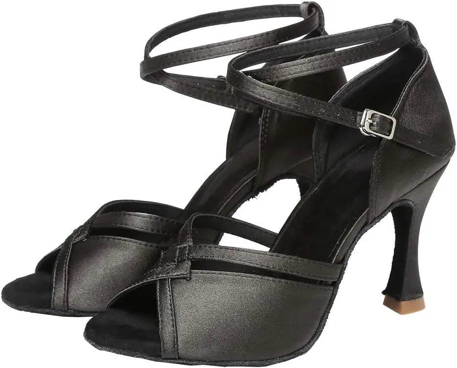 YKXLM Latin Ballroom Dance Shoes for Women Practice Dance Heels Performance Party Dance Shoes Peep-Toe, Black-8.5 Heel-4.5 US